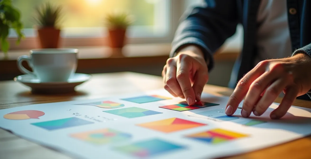 Mains manipulant des graphiques tangibles sur bureau en bois avec café