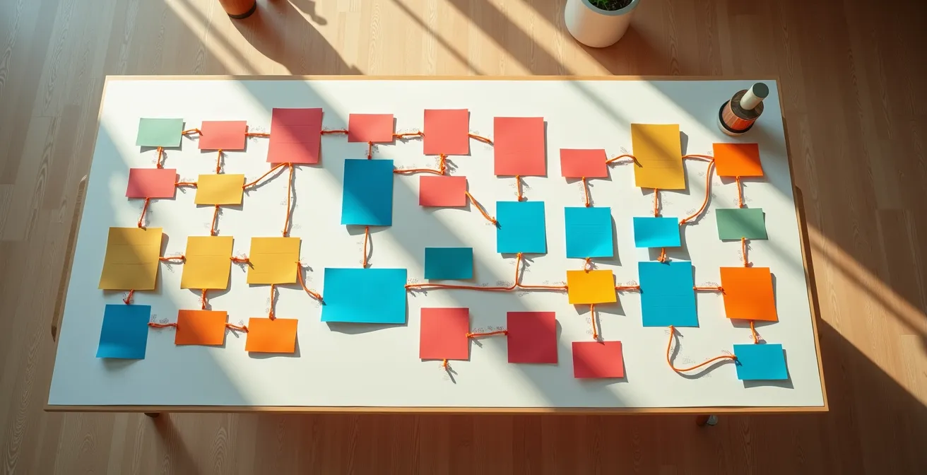 Vue aérienne d'un bureau avec cartes mentales et diagrammes colorés sur une table