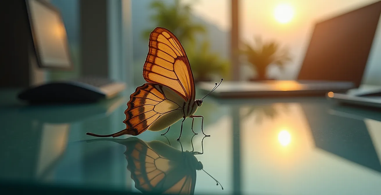 Chrysalide s'ouvrant sur fond de bureau moderne symbolisant la transformation