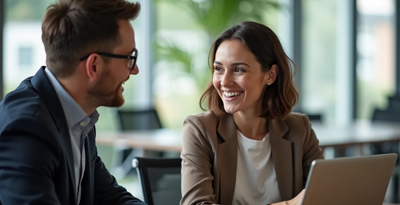 Portrait rapproché de deux professionnels échangeant dans un environnement de travail lumineux
