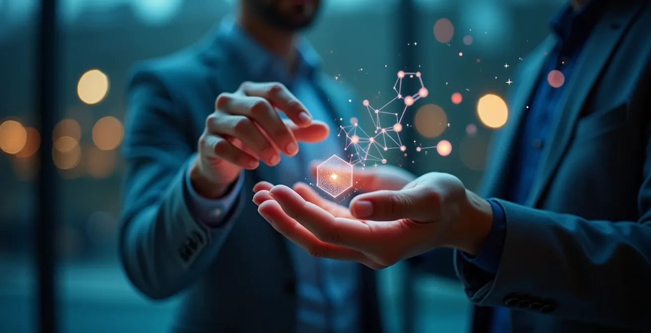 Mains manipulant une interface holographique de gestion de formation