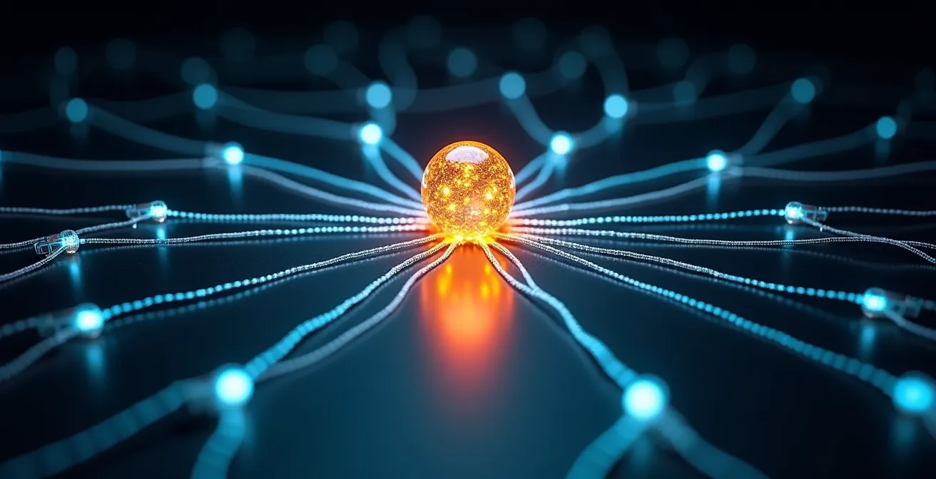 Réseau de connexions lumineuses symbolisant la centralisation des catalogues