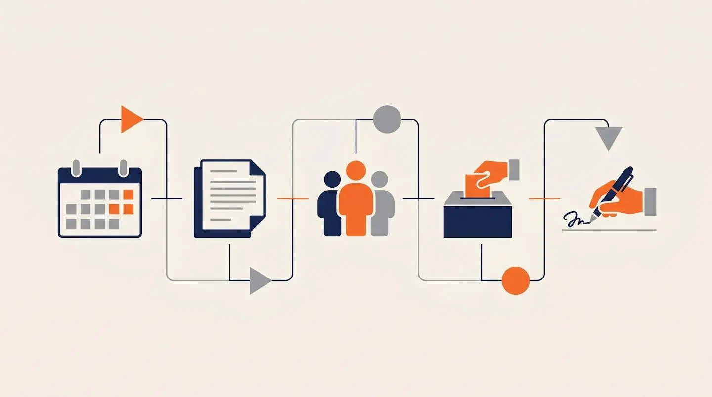 Timeline visuelle des 5 étapes d'organisation d'une réunion CSE.