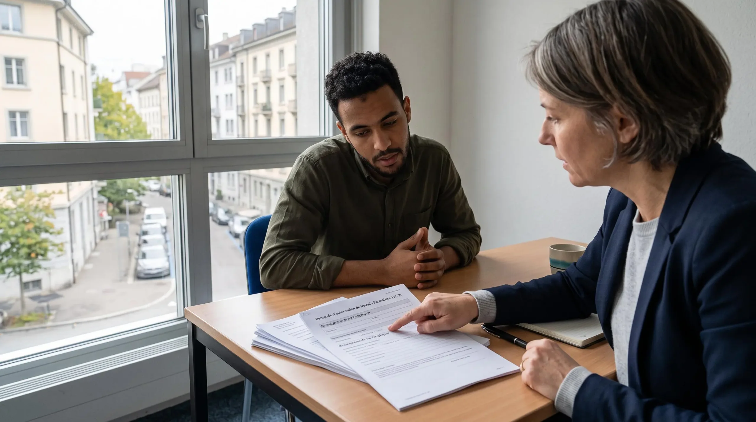 Une recruteuse et un candidat étranger examinent ensemble un formulaire administratif posé sur une table de réunion.