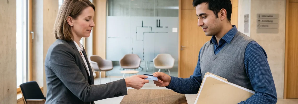 Un professionnel des ressources humaines remet une carte d'autorisation à un candidat étranger au comptoir d'un office administratif suisse.