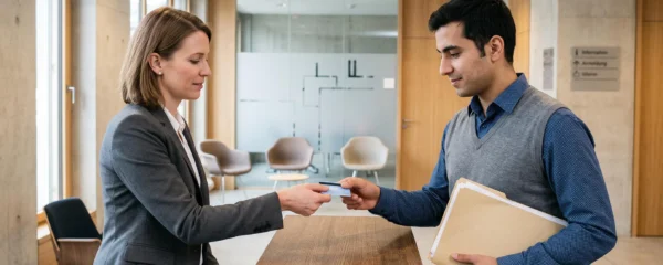 Un professionnel des ressources humaines remet une carte d'autorisation à un candidat étranger au comptoir d'un office administratif suisse.