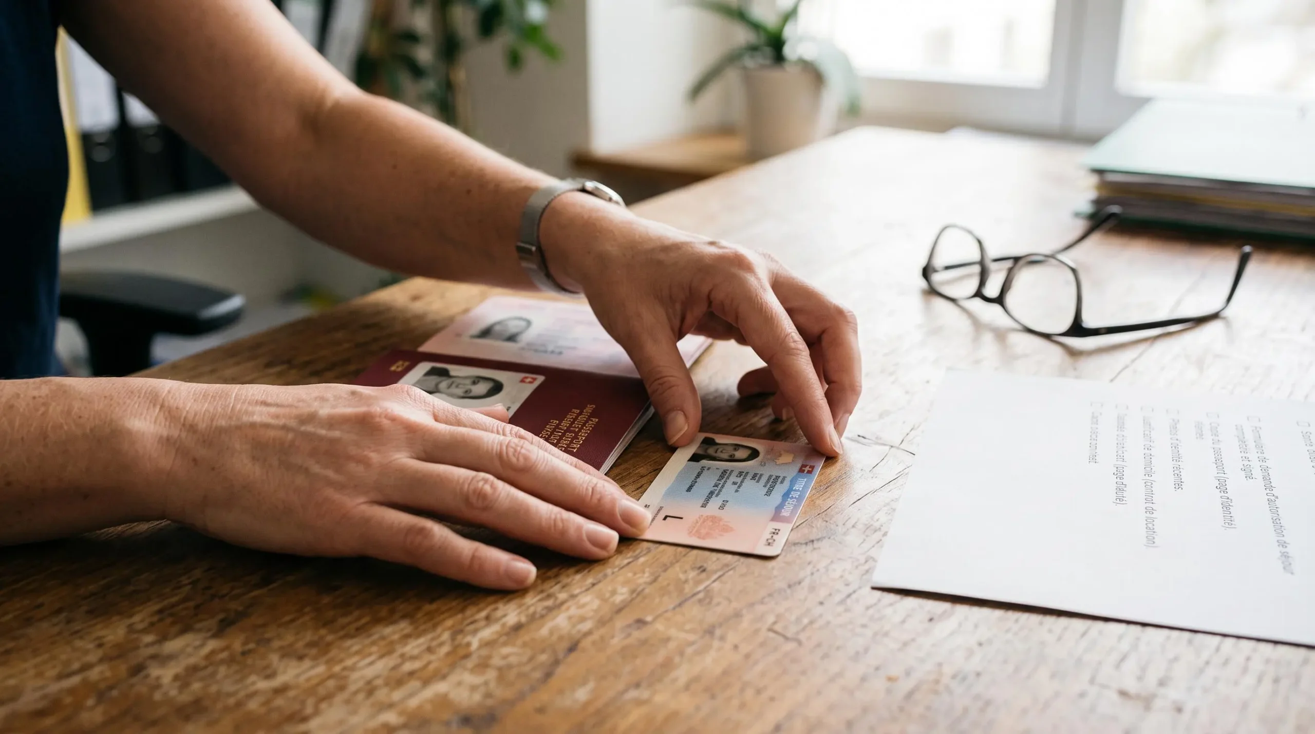 Des mains alignent une carte d'autorisation de séjour et un passeport sur un bureau à côté d'une liste de vérification imprimée.